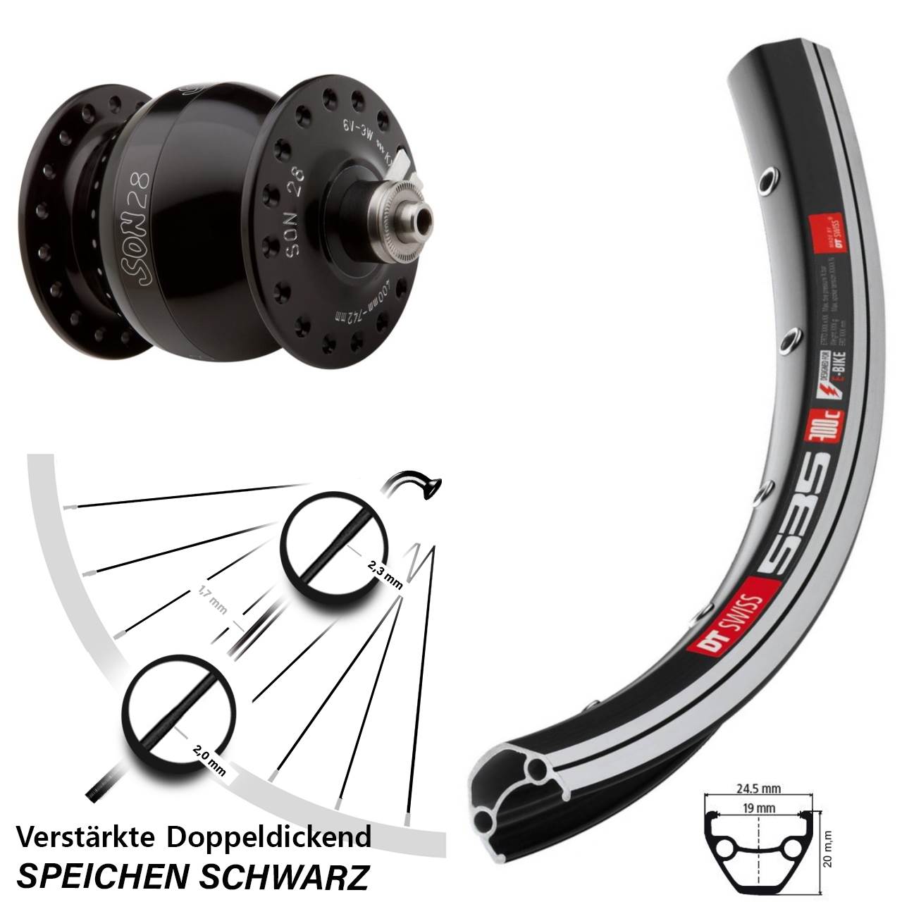 Son Nabendynamo DT Swiss 535 Vorderrad 28 Zoll schwarz verstärkt