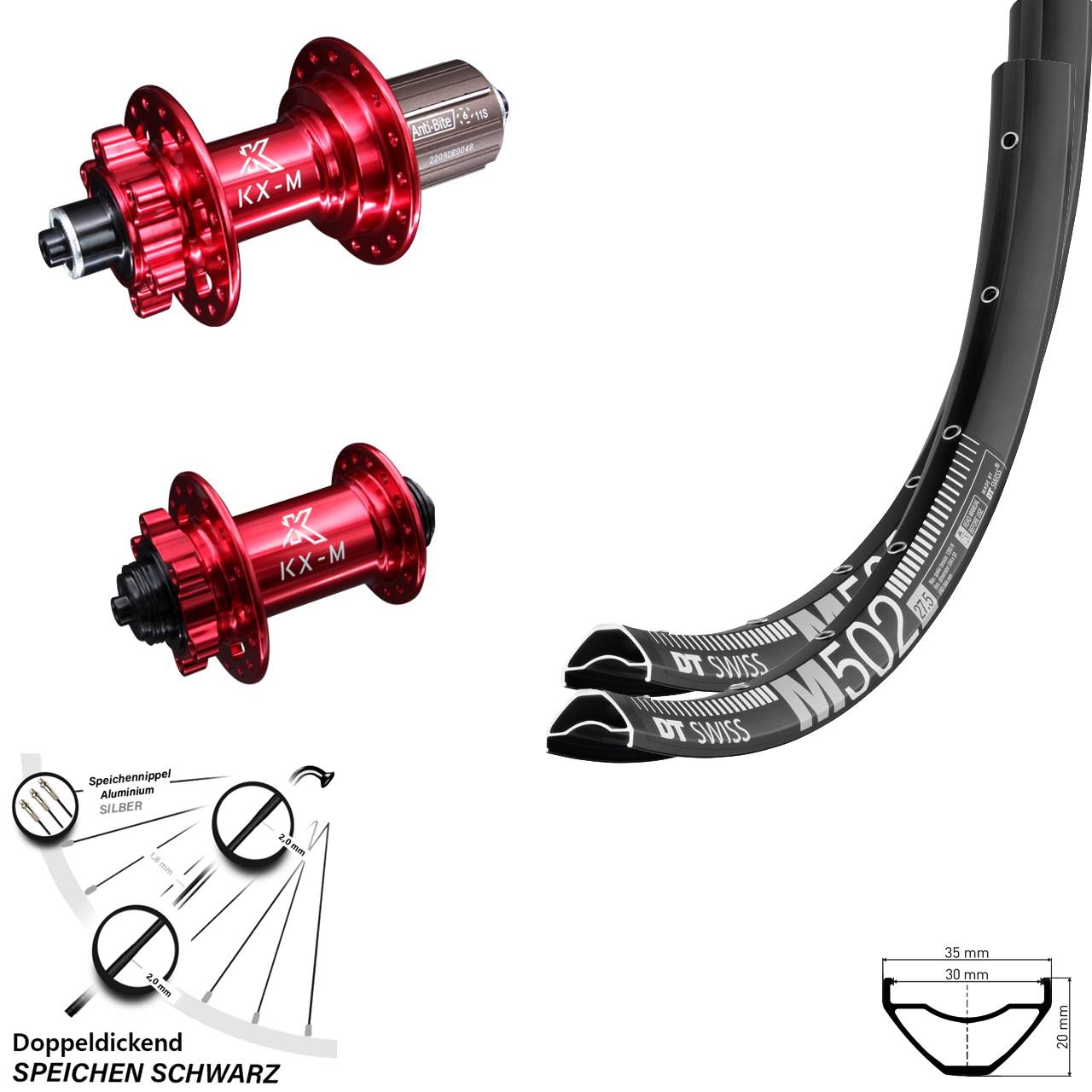 Disc Laufradsatz für Schnellspanner 29 Zoll DT Swiss M502 KX-M rot 8-12 fach