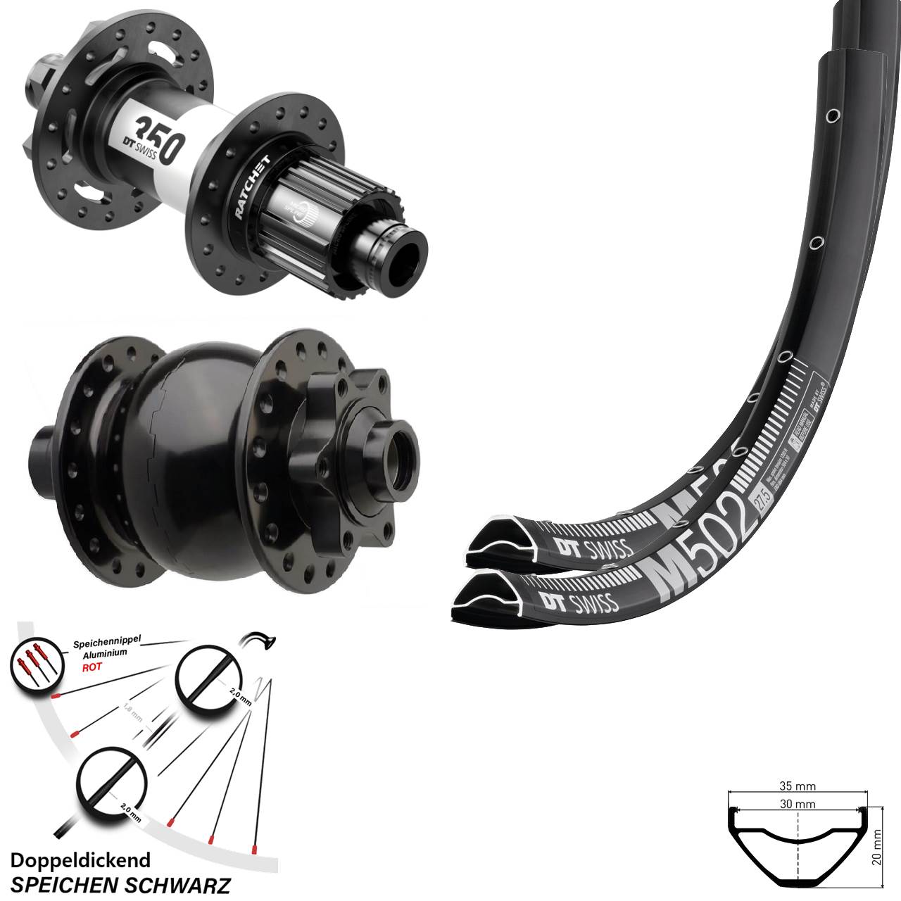 M 502 DT Swiss 350 Ratchet 36 Dynamo SON 28 29 Zoll 6-Loch Laufradsatz Boost Micro Spline