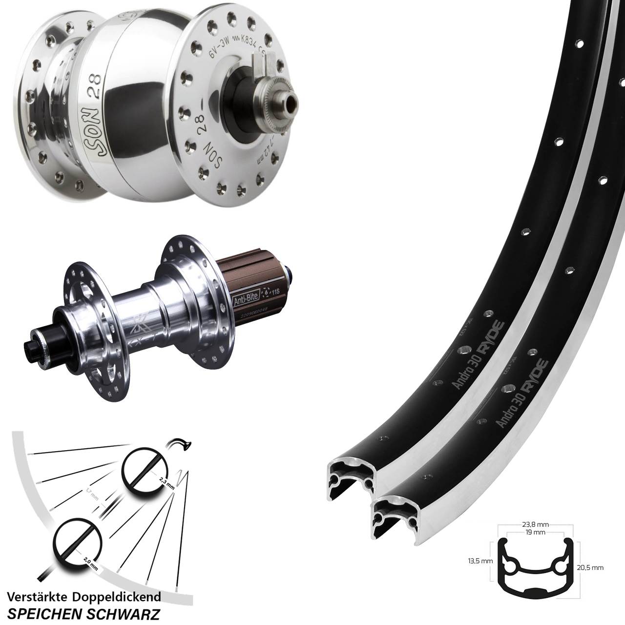 Ryde Andra 30 KX-T SON 28 Zoll Laufradsatz QR 8-12 fach