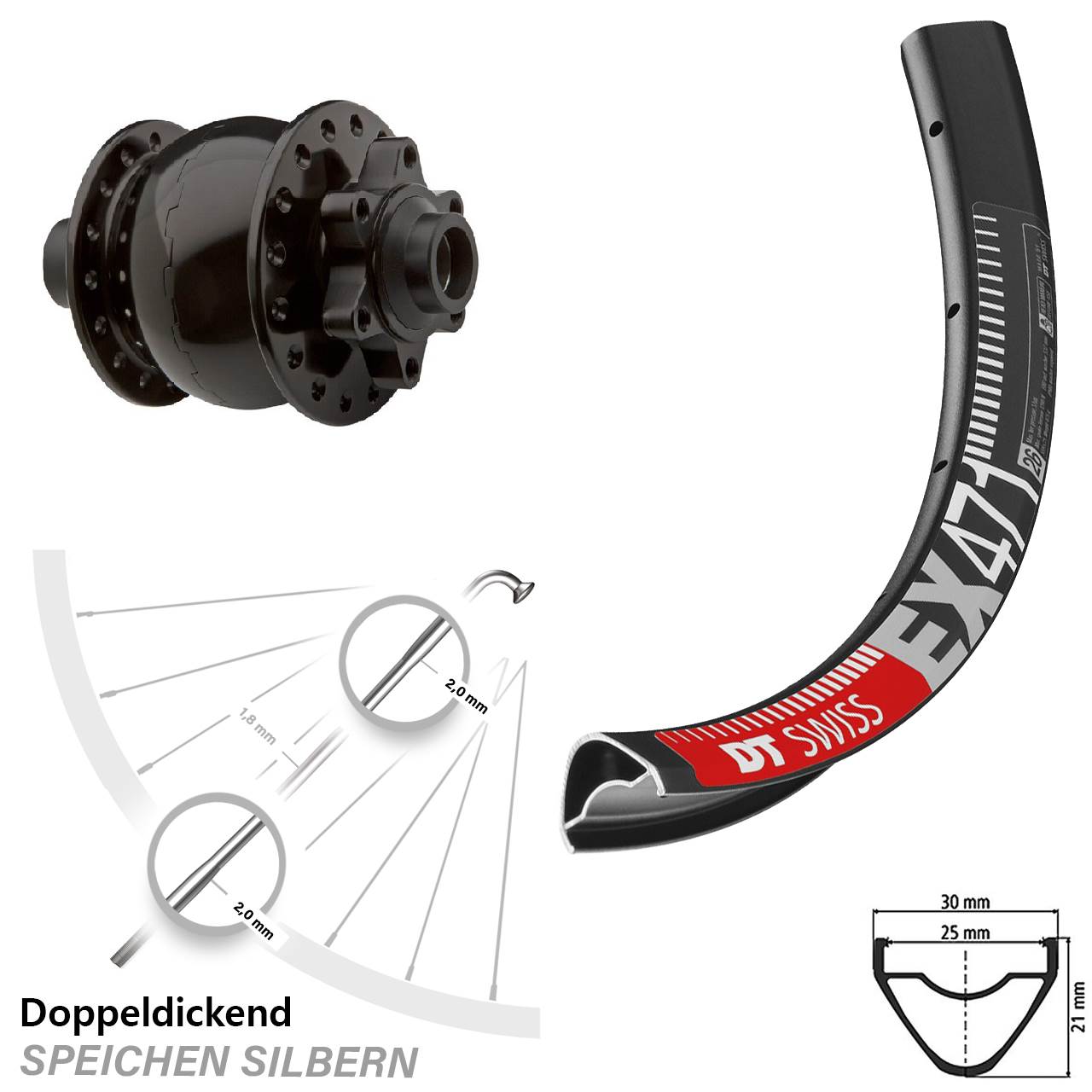 Nabendynamo SON 28-15 Steckachse 100 mm DT Swiss EX 471 Vorderrad 27,5 Zoll