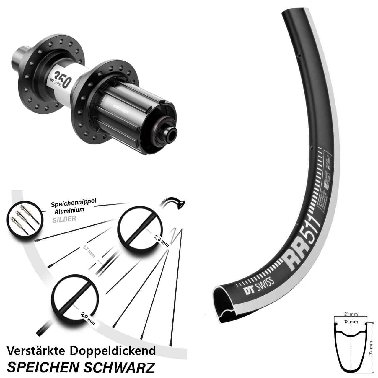 28 Zoll DT Swiss RR511 CNC-350 Rennrad Hinterrad QR 11-12 fach