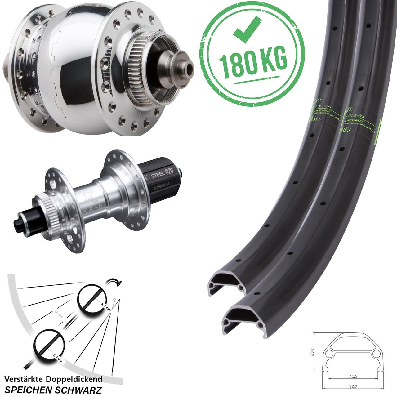 20 Zoll KX-E Evo verstärkt SON 28 Disc Laufrad-Satz QR 8-12 fach HG