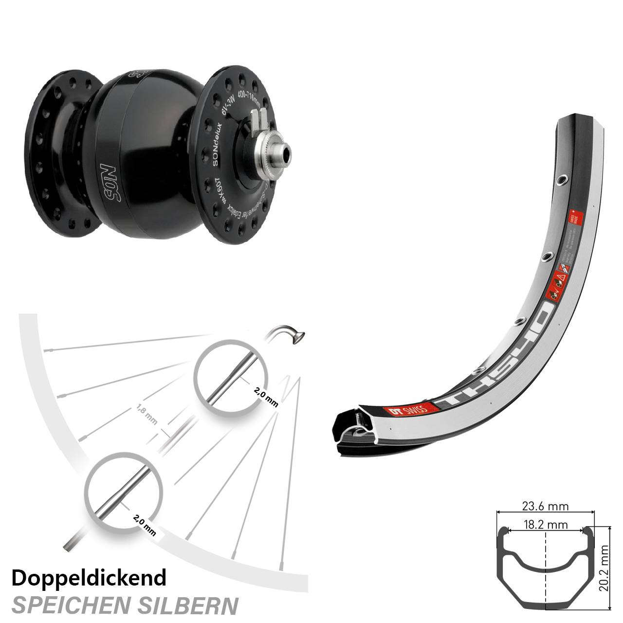 28 Zoll Vorderes Rad mit Nabendynamo DT Swiss TK 540 SON delux Wide Body
