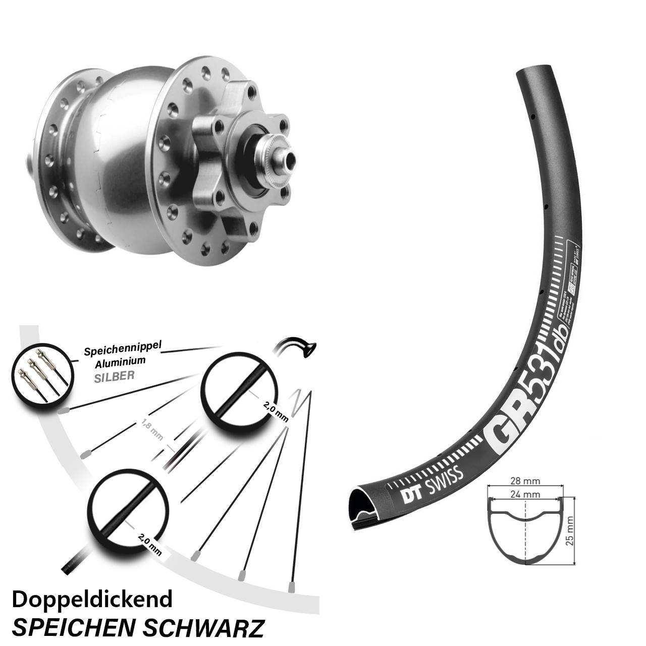 Nabendynamovorderrad 6-Loch QR 27,5 Zoll DT Swiss GR531 SON 28