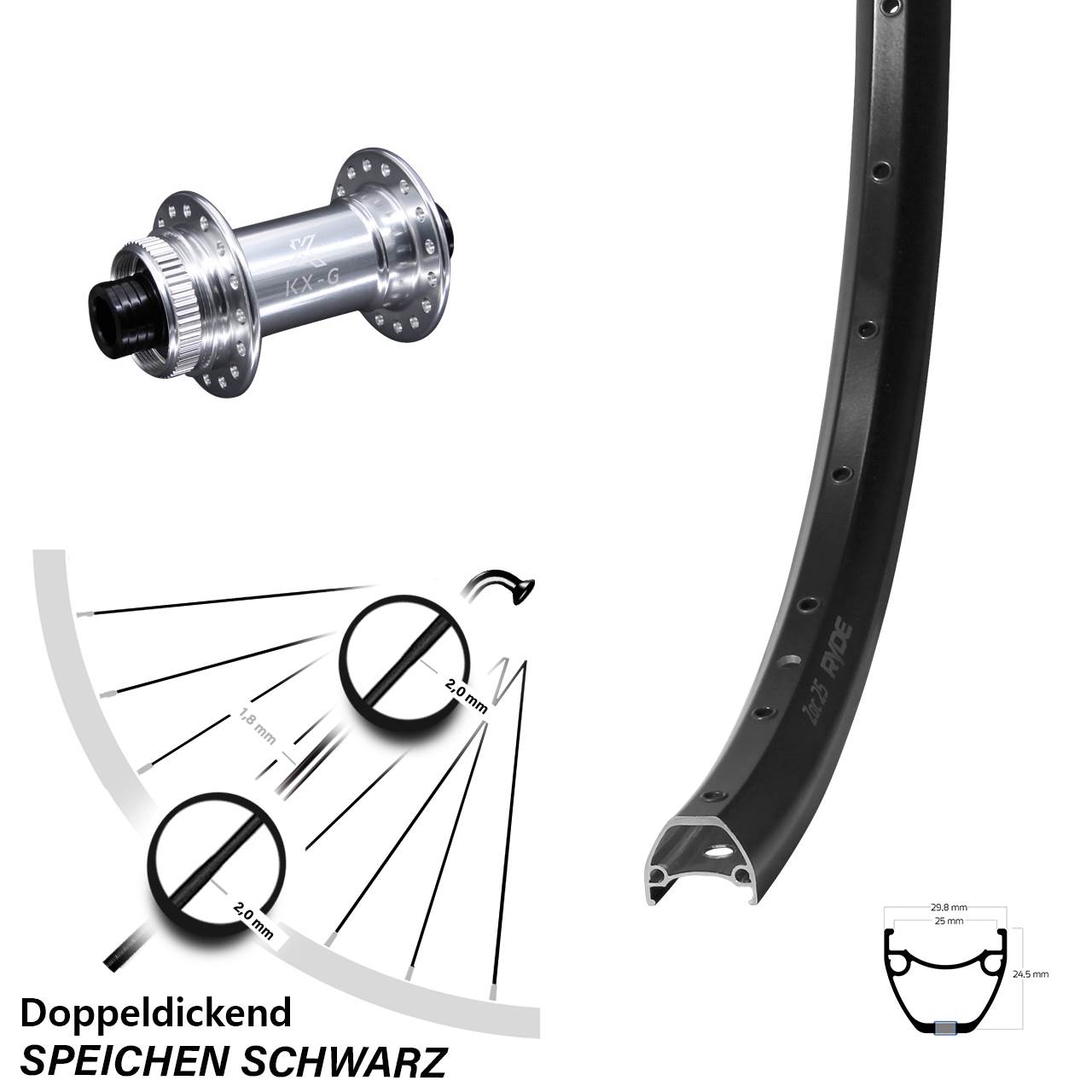 Disc Vorderrad 28-29 Zoll Ryde ZAC 25 KX-G 12x100