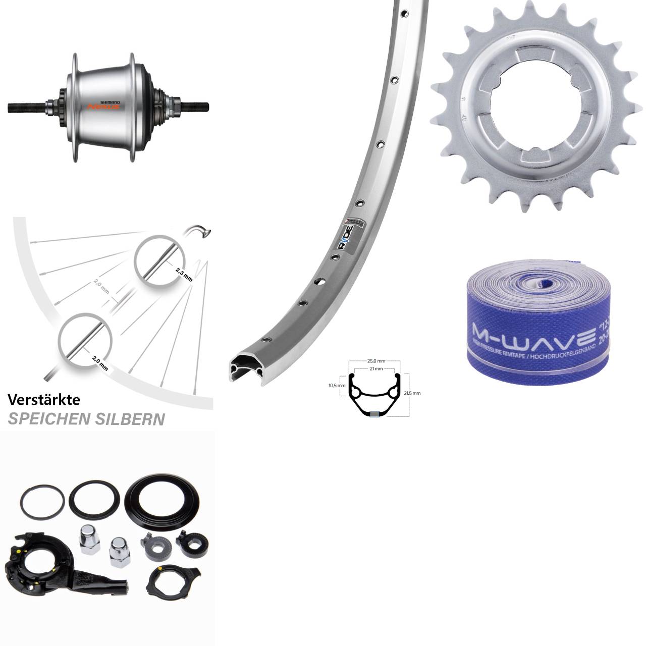 26 Zoll Hinterrad Ryde Zac 421 silbern Shimano Nexus SG-C3001 7 Gang Freilauf