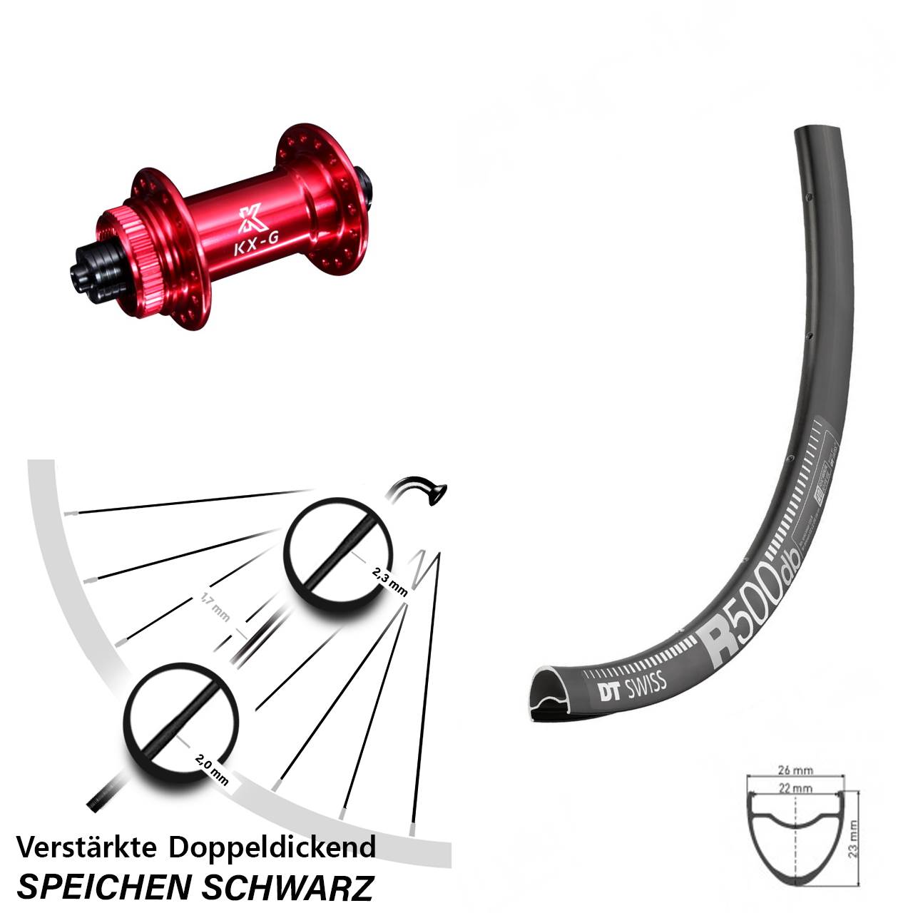 Road Disc DT Swiss R 500 Vorderrad 28 Zoll verstärkt KX-G Nabe rot-eloxiert 5x100 mm