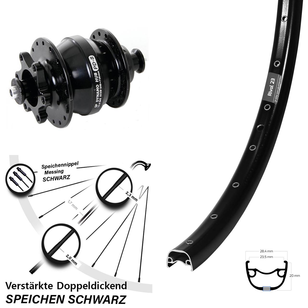 650B Ryde Rival 23 Shutter Precision PD-8 Disc Nabendynamolaufrad für Schnellspanner