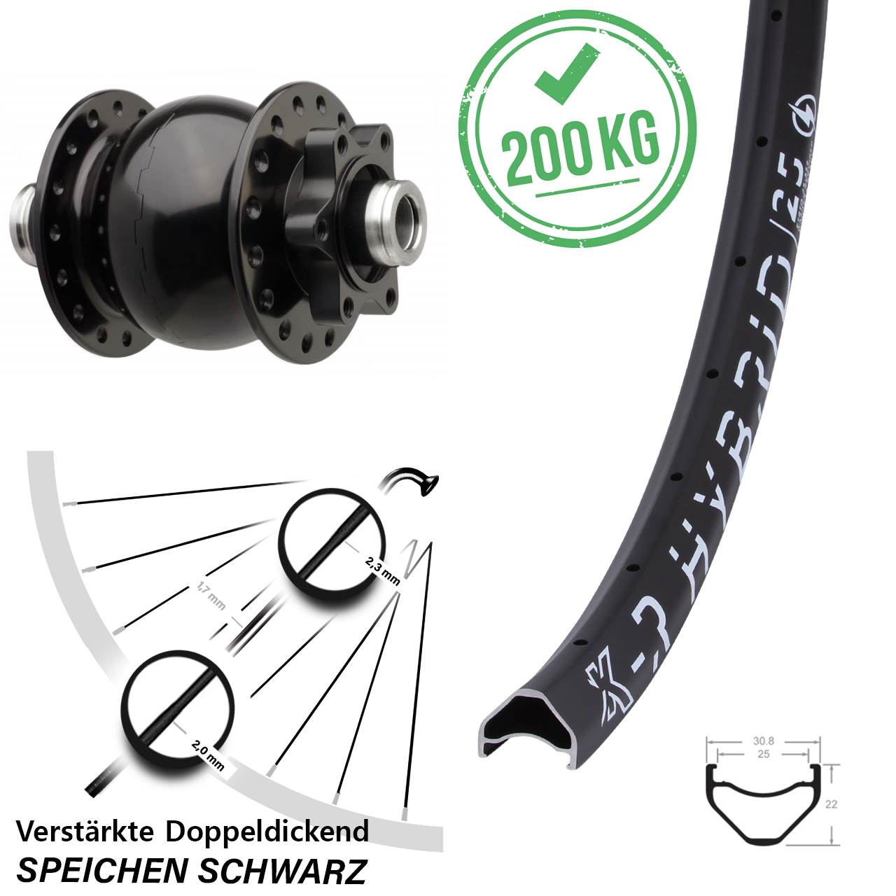 6-Loch Dynamo-Vorderrad 27,5 Zoll KX-R Hybrid 25 SON 28 12x110 Boost