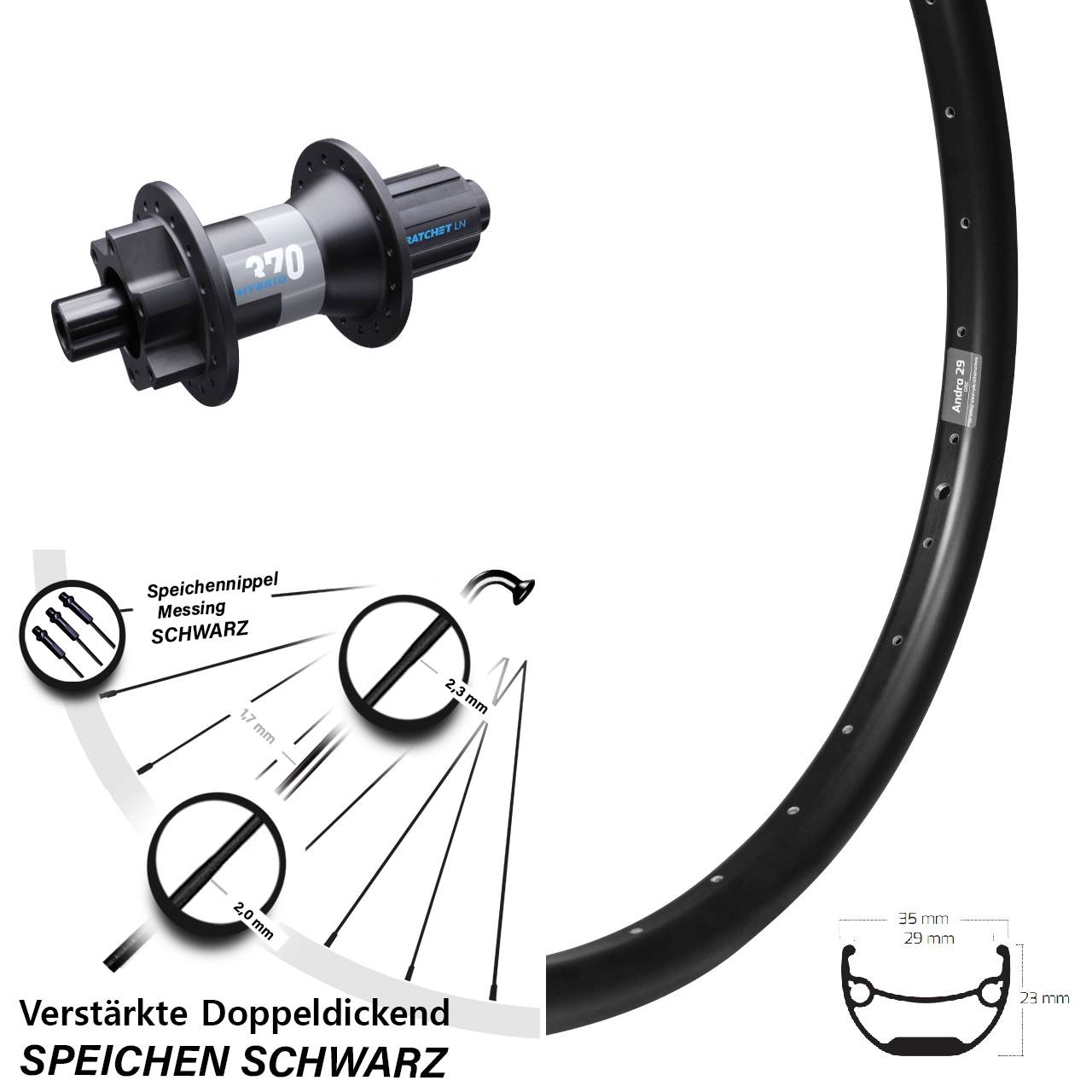 Ryde Andra 29 DT Swiss Hybrid 370 26 Zoll Hinterrad 6-Loch 12x148 8-11 fach