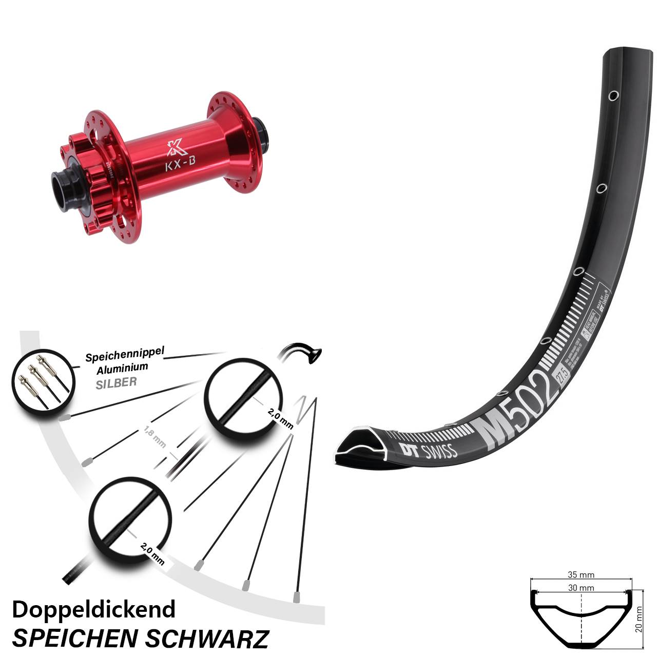 Disc Vorderrad 29 Zoll DT Swiss M502 KX-B rot 15x110 Boost