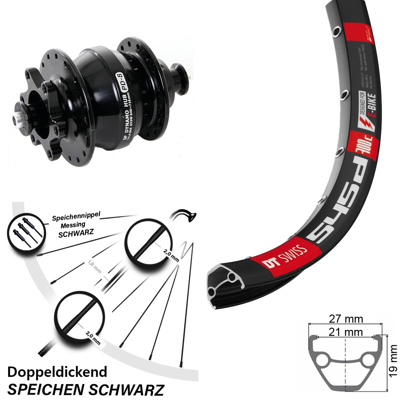 Nabendynamo-Vorderrad 26 Zoll DT Swiss 545D Shutter Precision PD-8 5x100 6-Loch