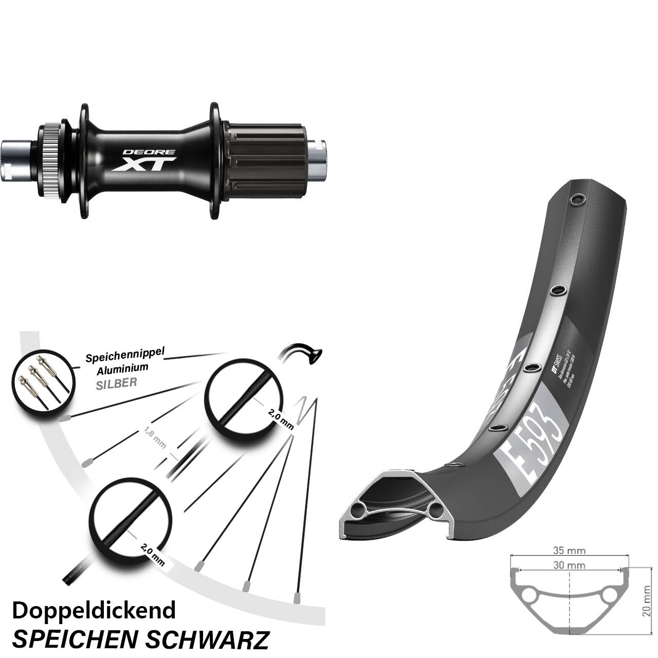 29 Zoll DT Swiss E593 Shimano XT Disc Hinterrad 12x148 8-11 fach HG