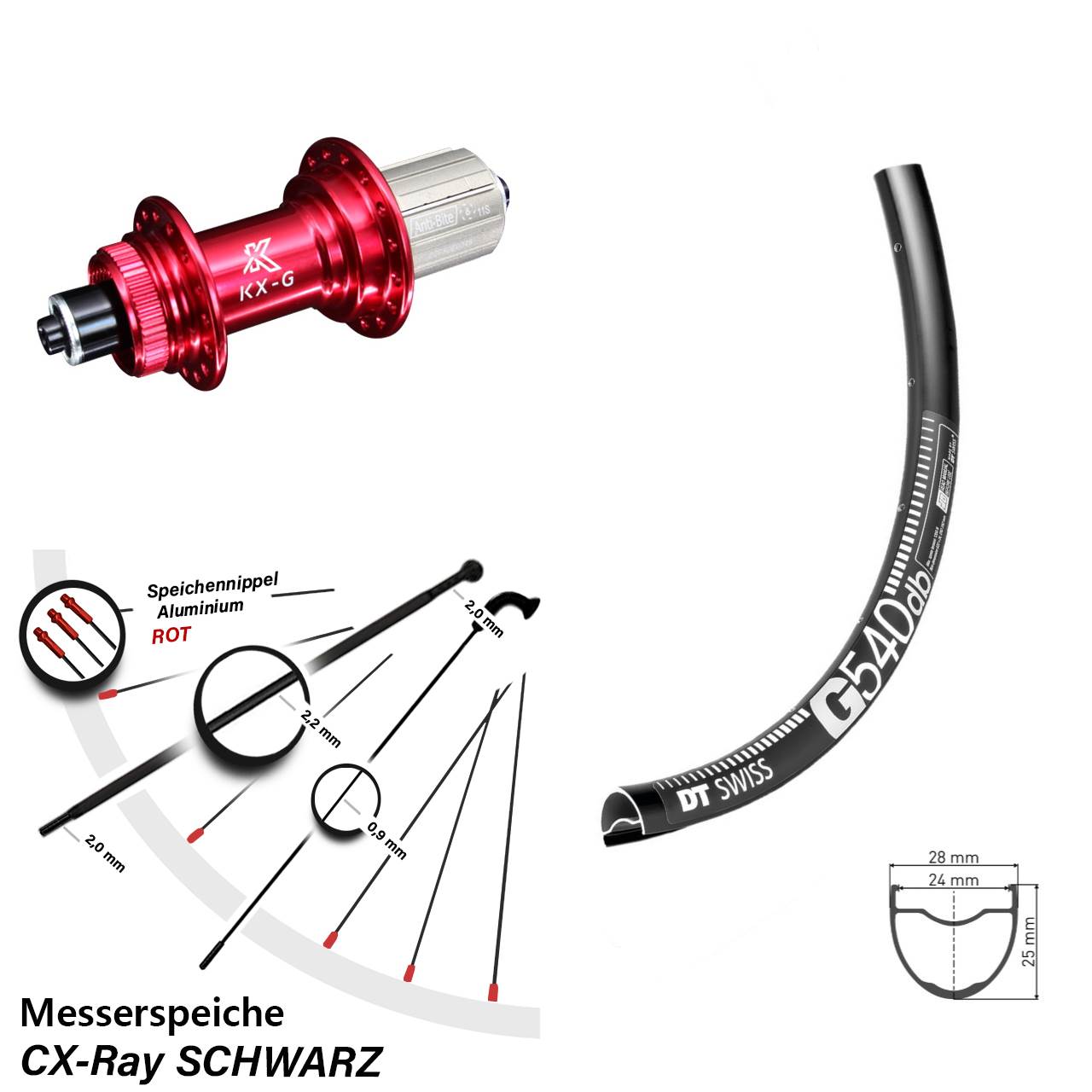 28 Zoll DT Swiss G540 KX-G rot Centerlock Hinterrad für Schnellspanner 8-12 fach CX-Ray