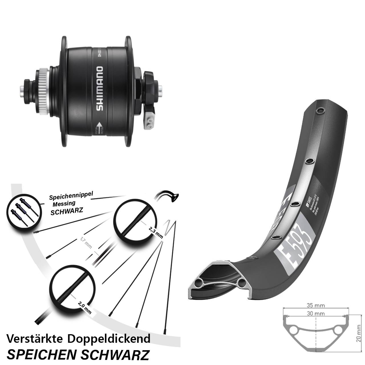 27,5 Zoll DT Swiss E593 Shimano DH-3D37 Centerlock Vorderrad mit Nabendynamo QR