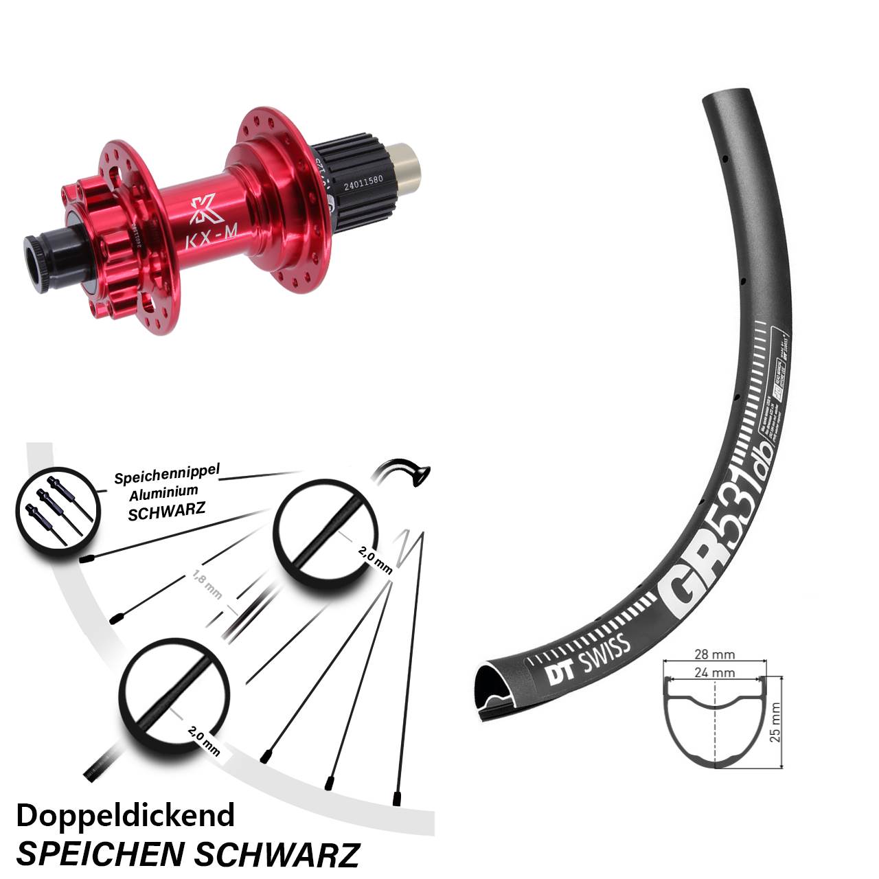 6-Loch Hinterrad 27,5 Zoll DT Swiss GR 531 KX-M rot Shimano Micro Spline 12x142