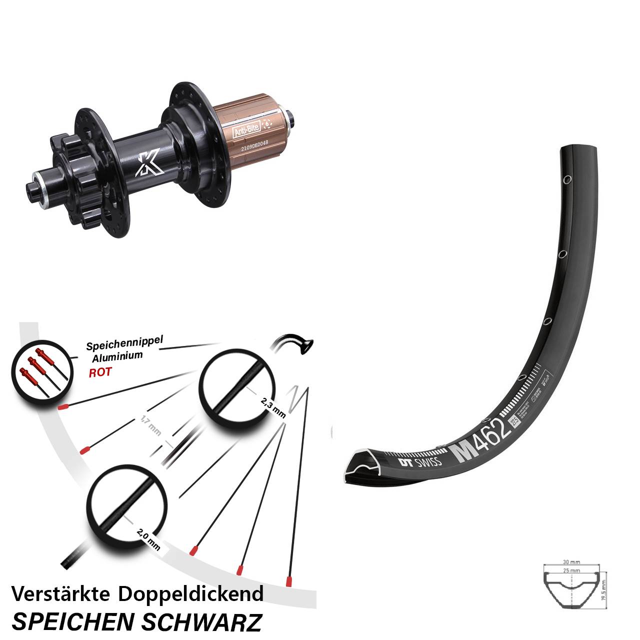 Hinterrad 6-Loch für Schnellspanner 27,5 Zoll DT Swiss M462 KX-M 8-12 fach HG