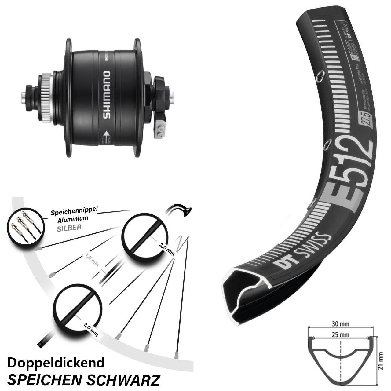 Nabendynamo-Vorderrad 27,5 Zoll DT Swiss E512 Shimano DH-3D37 5x100 Centerlock