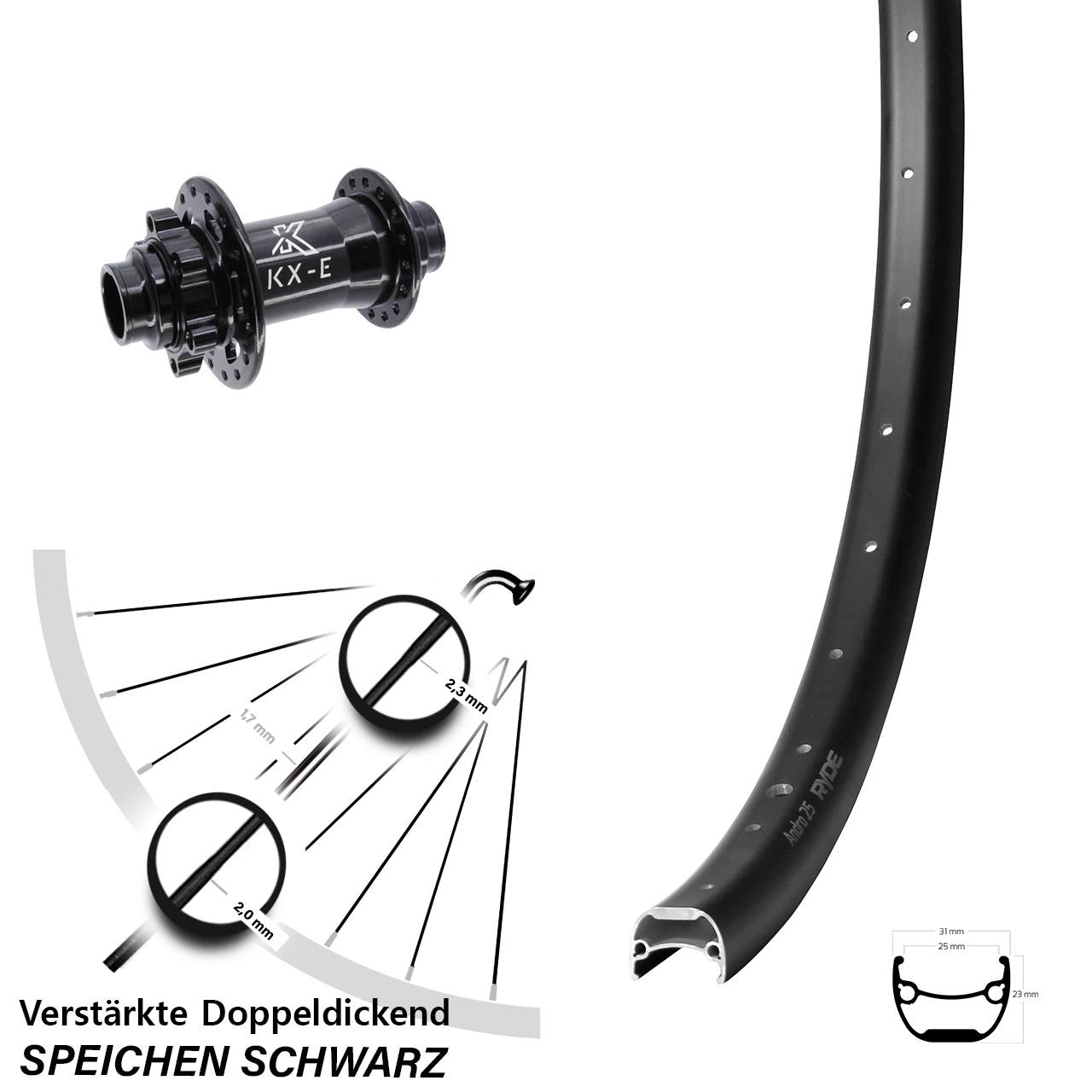 6-Loch Vorderrad 20x110 non Boost 28-29 Zoll Ryde Andra 25 KX-E