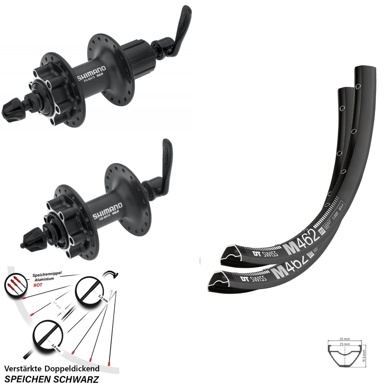Laufradsatz 6-Loch QR 650B DT Swiss M462 Shimano HB-M475 Shimano FH-M475 8-11 fach