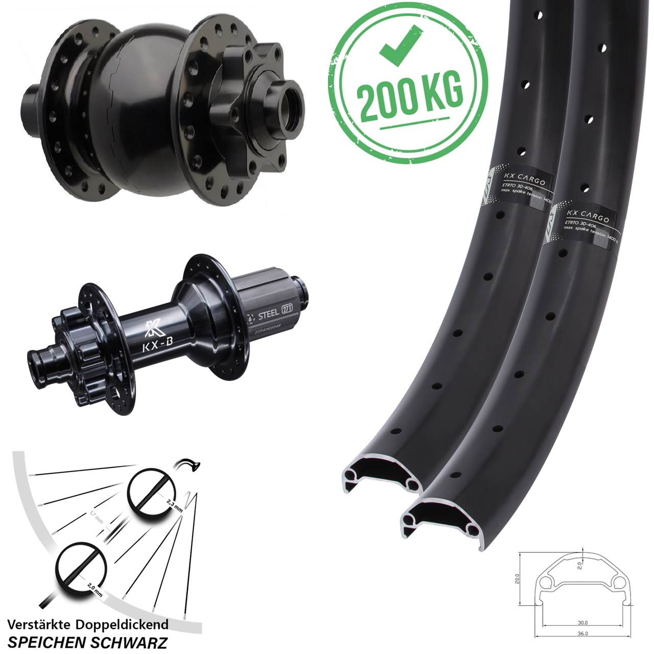 20/27,5 Zoll KX-BS Cargo SON 28 6-Loch Laufradsatz 15x110 12x148 8-12 fach HG