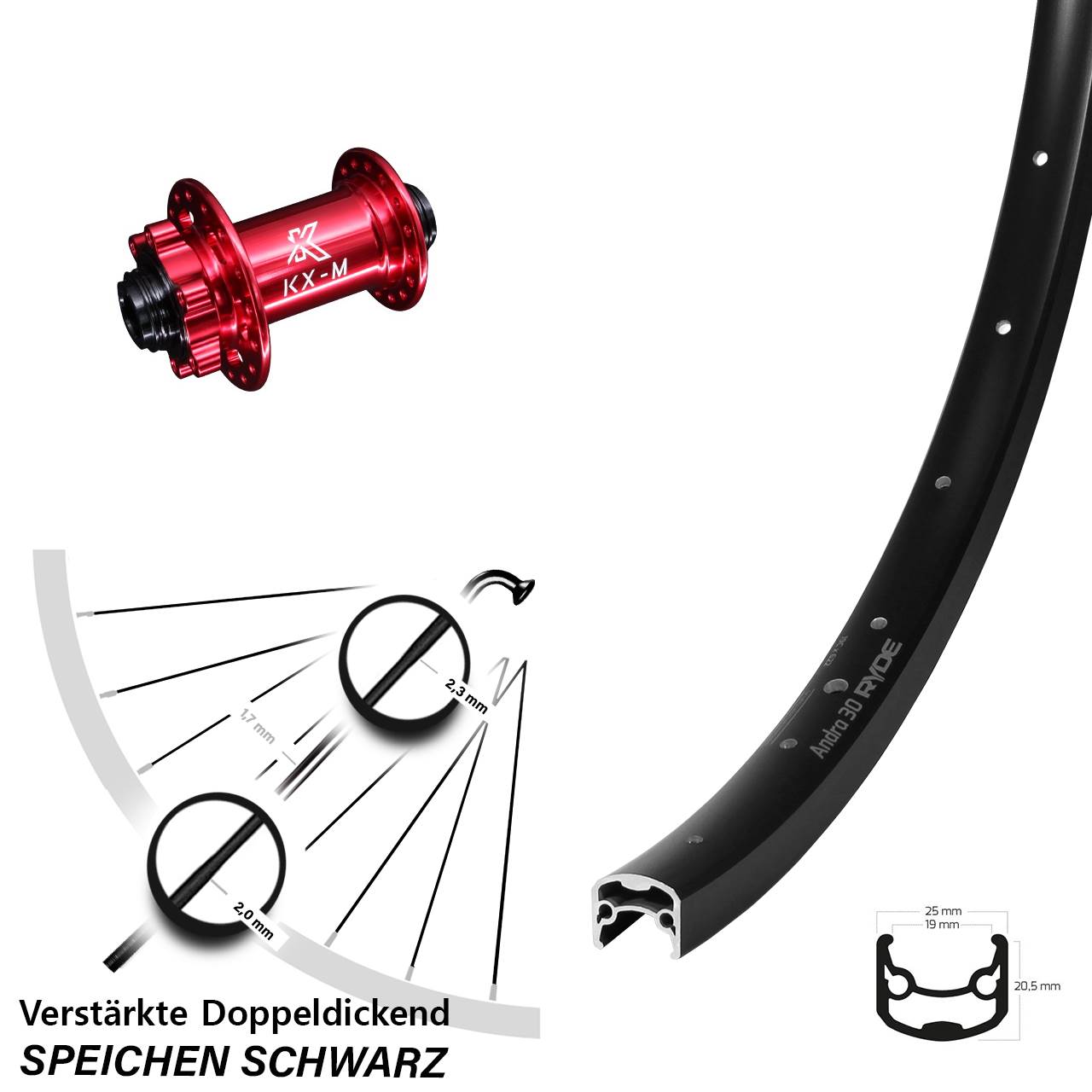 Disc Vorderrad 12x100 29 Zoll Ryde Andra 30 KX-M rot