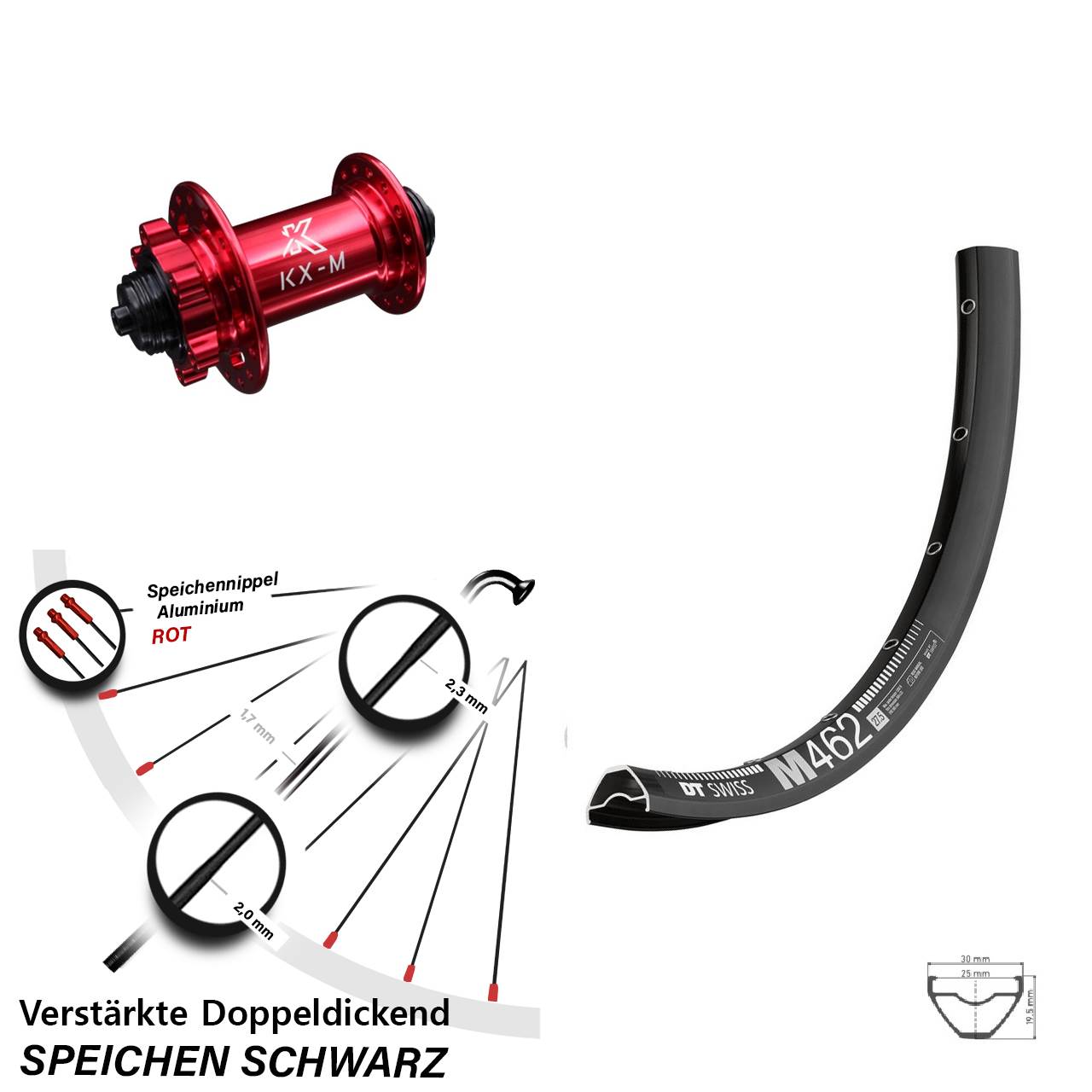 DT Swiss M 462 KX-M rot 27,5 Zoll Vorderrad 6-Loch für Schnellspanner