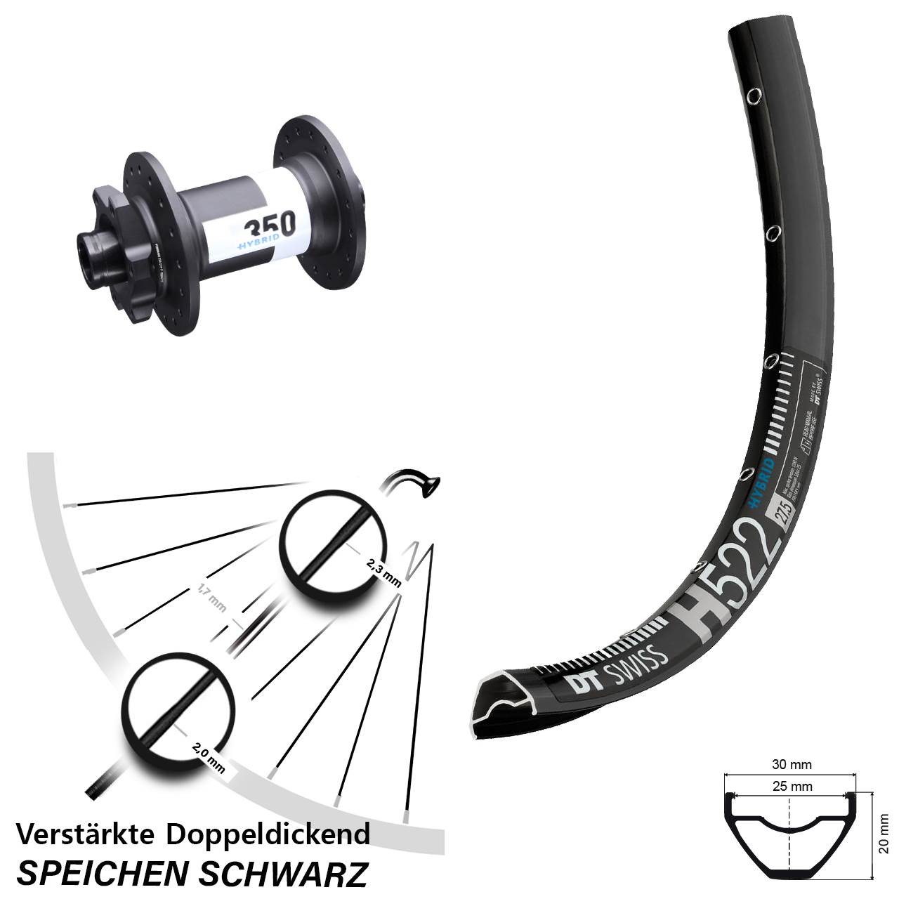 29 Zoll Vorderrad H 522 DT Swiss 350 Hybrid Boost 15x110 mm 6-Loch verstärkt E-Bike