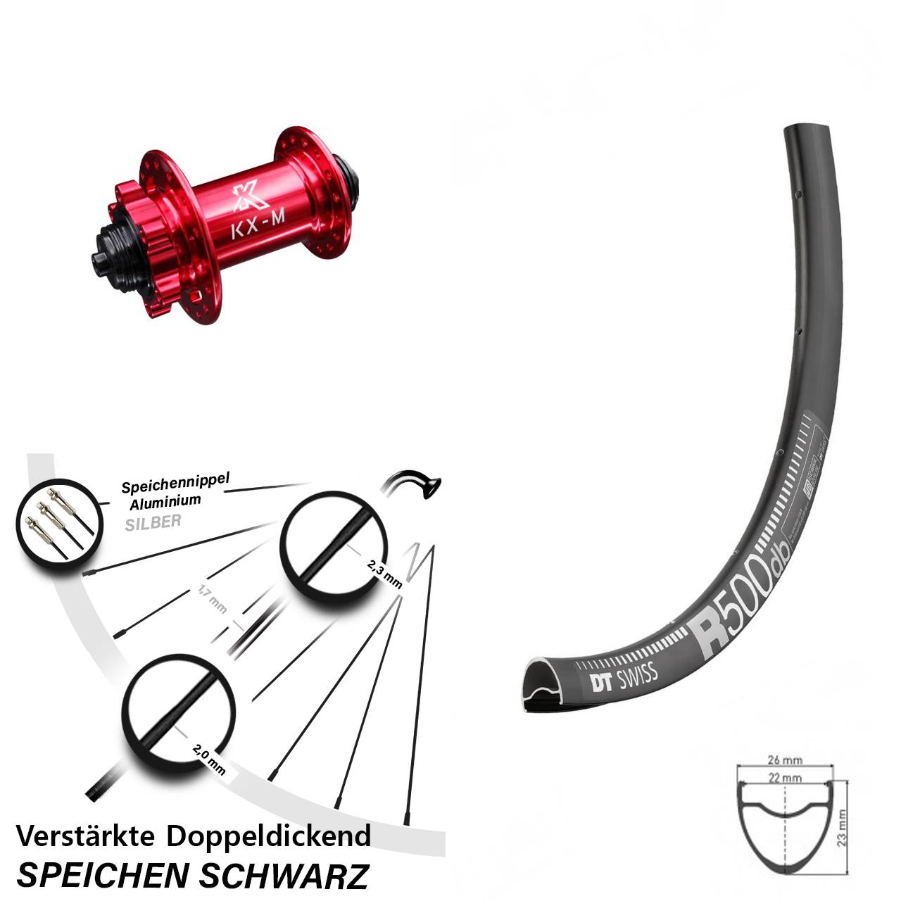Disc Laufrad 29 Zoll DT Swiss R500 KX-M rot für Schnellspanner
