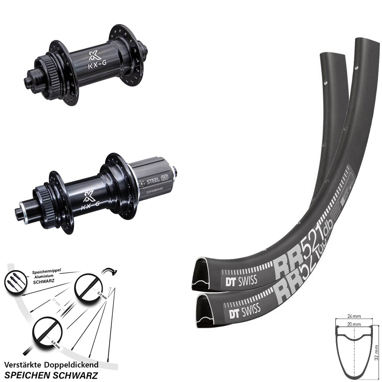 28 Zoll Laufradsatz Road verstärkt DT Swiss RR 521 KX-GS Nabe Shimano 8-12 fach