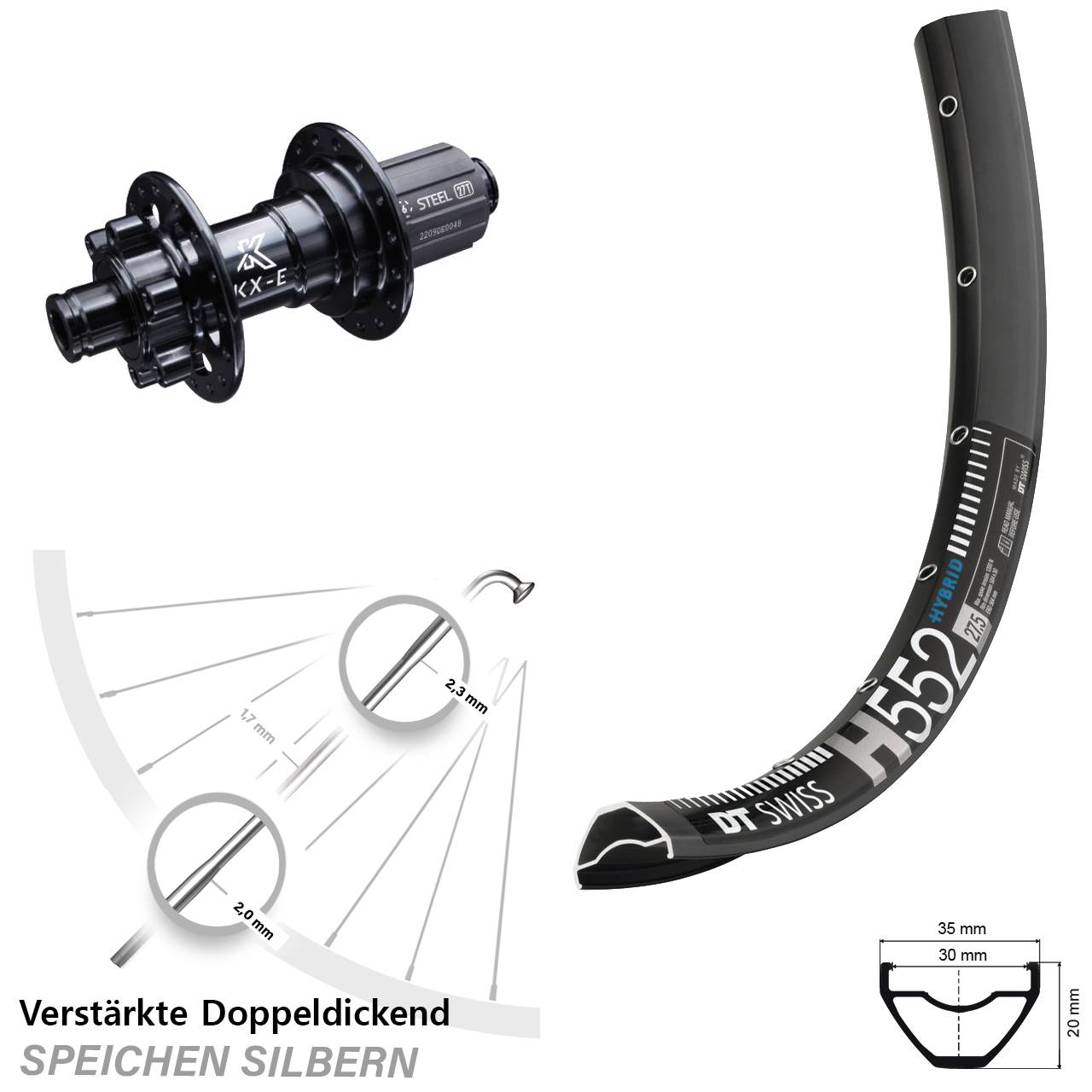 DT Swiss H552 KX-E Stahl Freilauf 29 Zoll Disc Hinterrad 12x142 8-12 fach HG