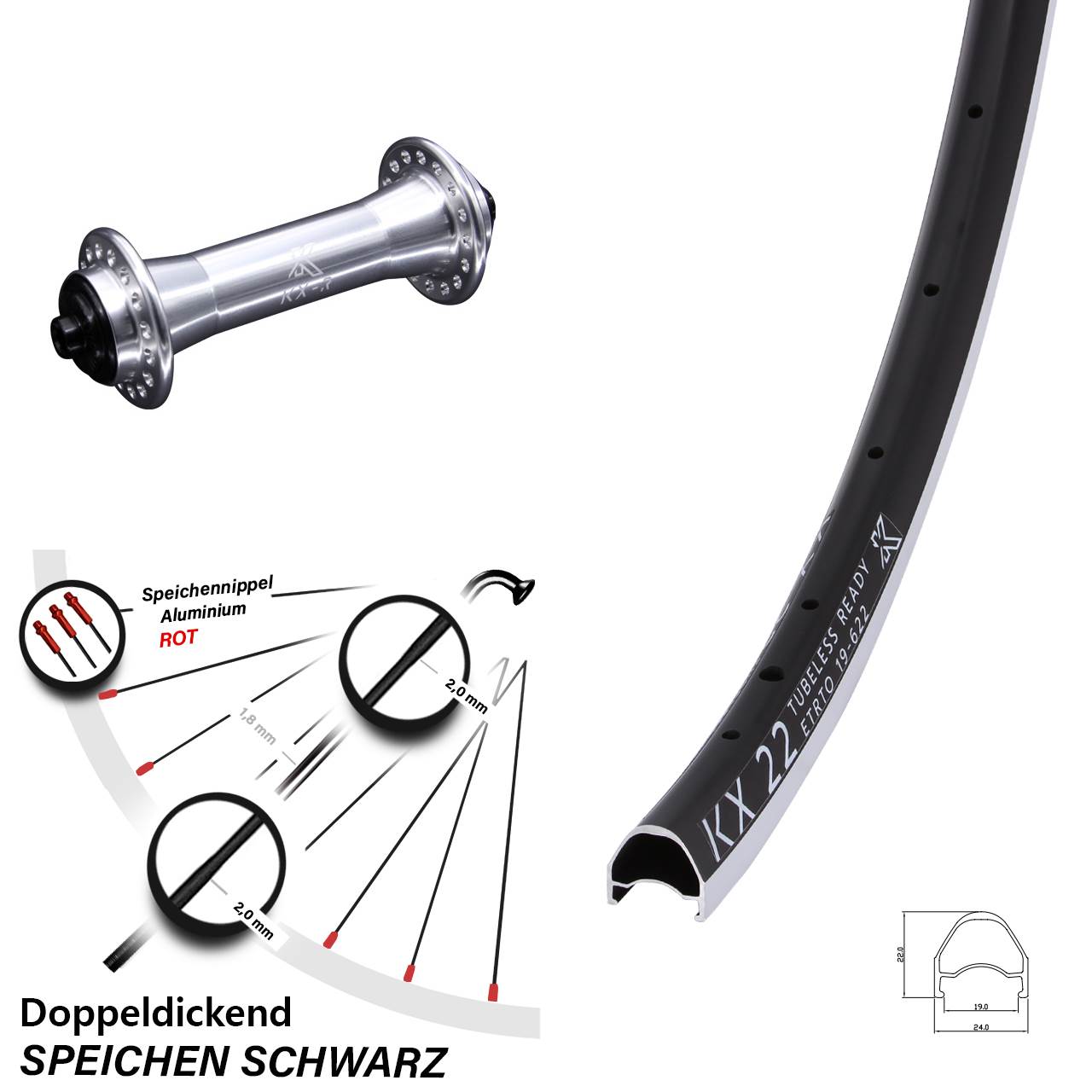 Laufrad 28 Zoll KX 22 schwarz KX-R Felgenbremse 5/100 silbern