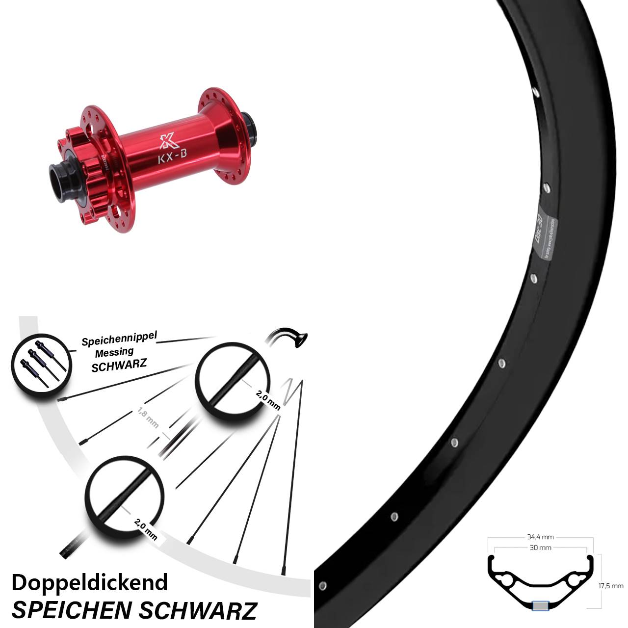 Vorderrad 27,5 Zoll Ryde Disc 30 KX-B rot 6-Loch Boost