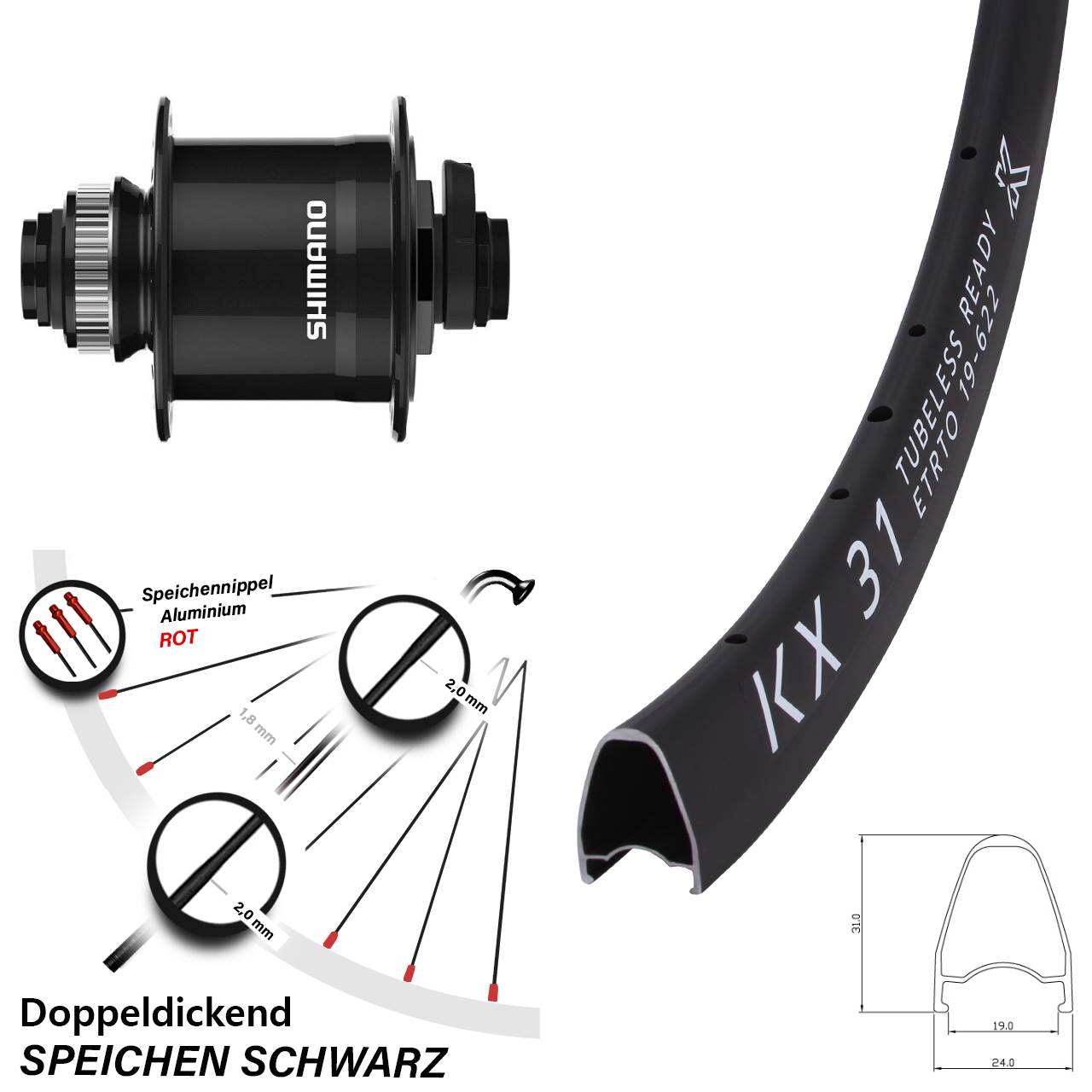 28 Zoll KX31 Shimano DH-UR708 Disc Nabendynamolaufrad 15x100