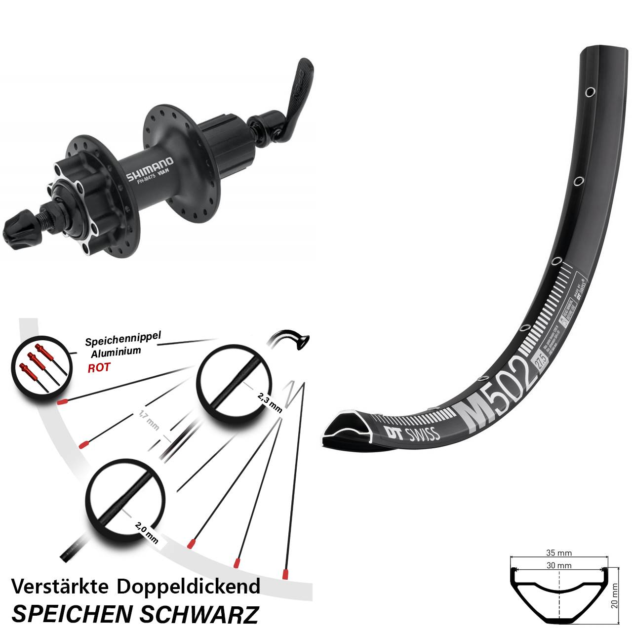 27,5 Zoll DT Swiss M 502 Shimano Alivio Disc Laufrad für Schnellspanner 8-11 fach