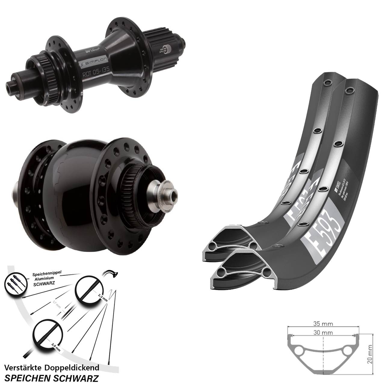 29 Zoll DT Swiss E593 370 Hybrid SON 28 Centerlock Laufradsatz QR Micro Spline