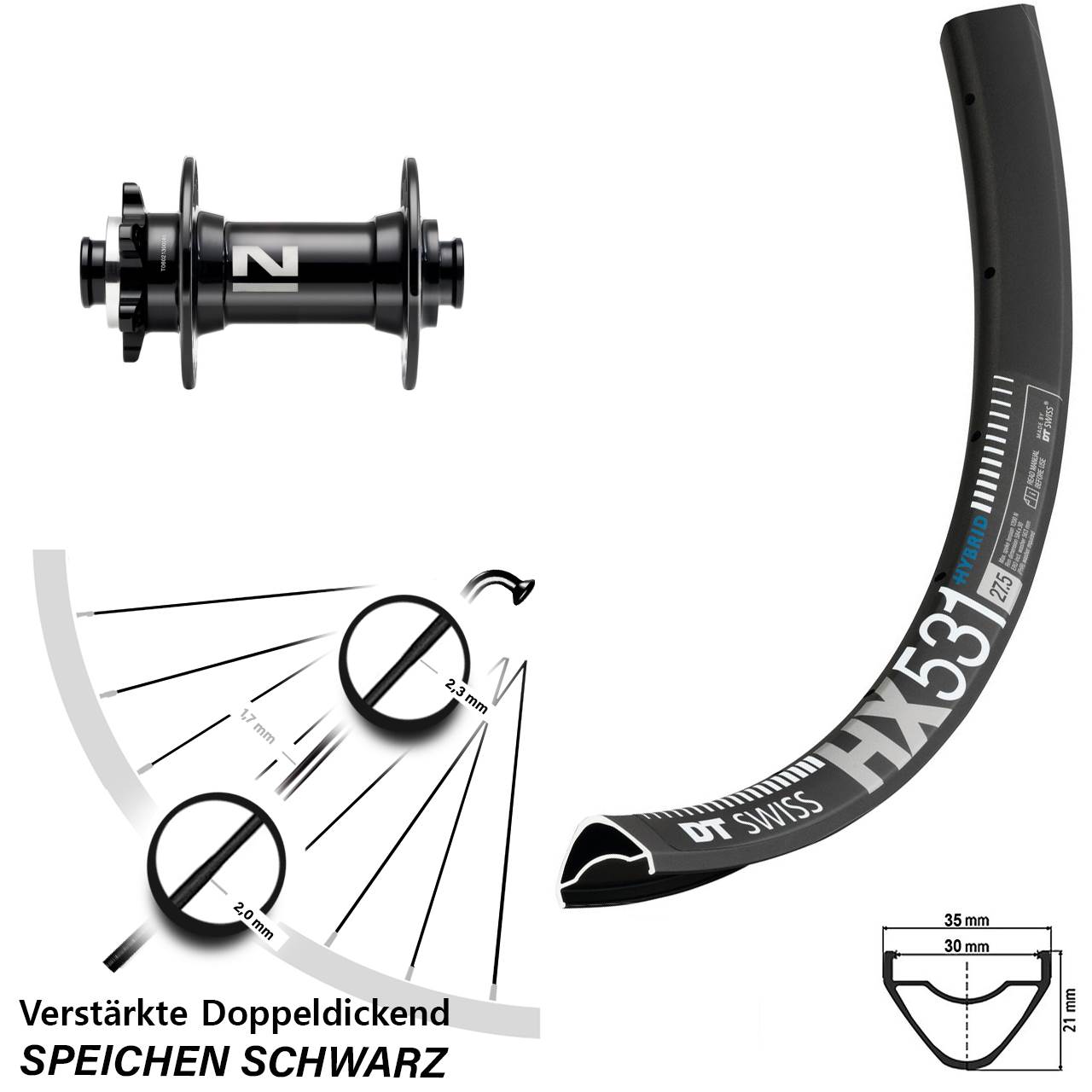 29 Zoll DT Swiss HX 531 Novatec D041SB 6-Loch Vorderrad 15x110 Boost