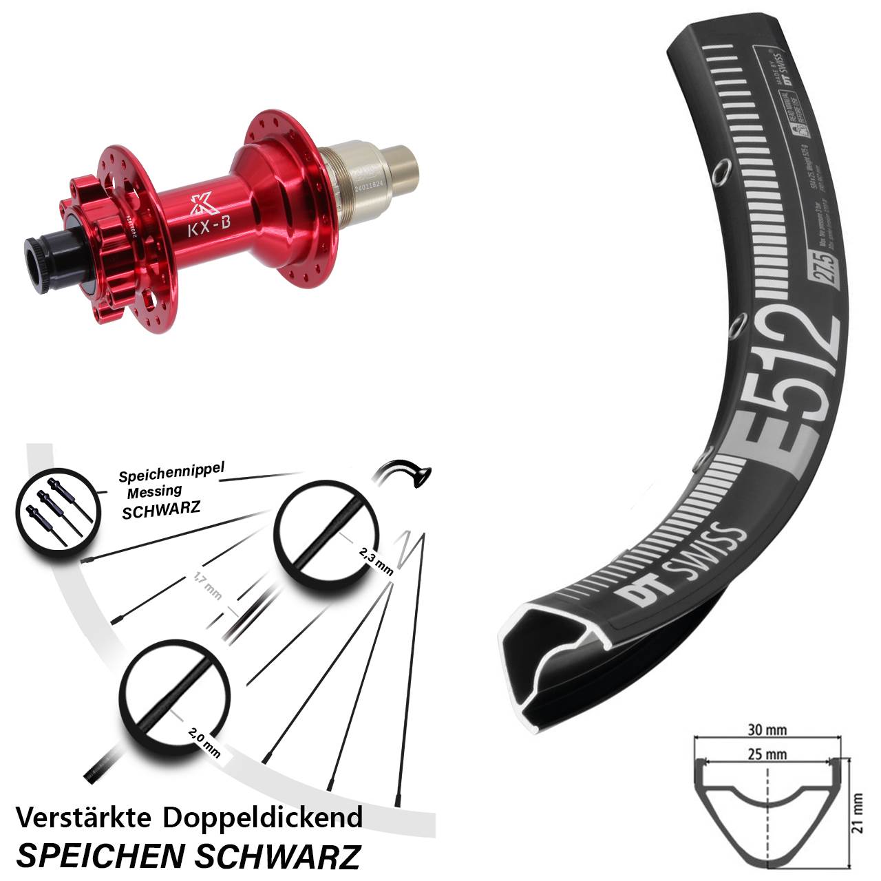 Boost 27,5 Zoll Hinterrad 6-Loch 12x148 mm DT Swiss E 512 KX-B rot XD