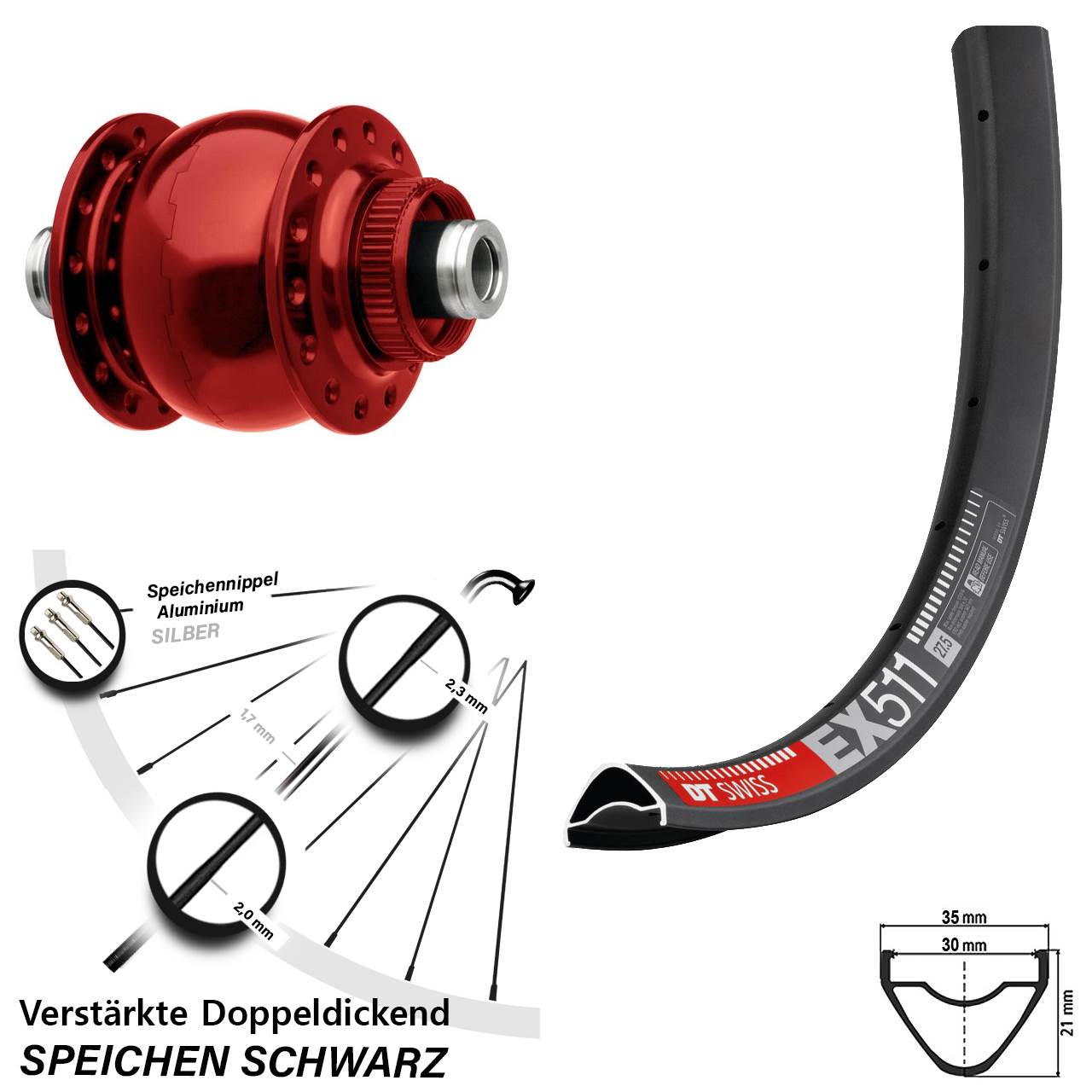 Disc Nabendynamo-Laufrad 29 Zoll DT Swiss EX511 SON 28 rot 12x100