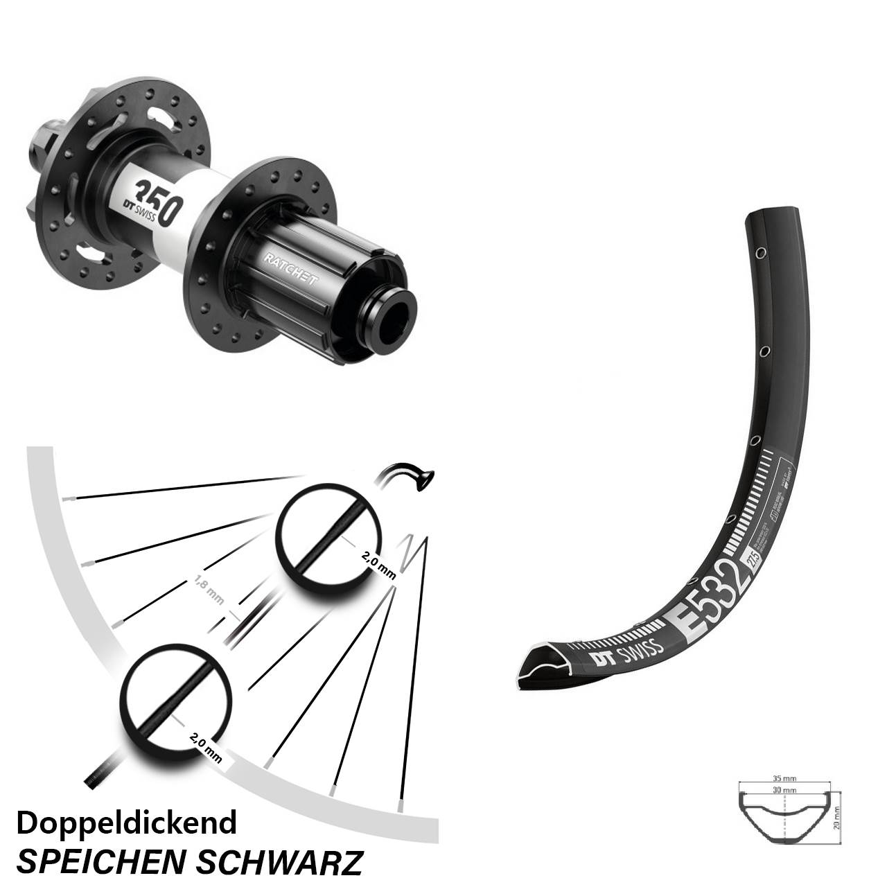 27,5 Zoll DT Swiss E 532 Hinterrad 350 6-Loch 8-11 fach 12x148