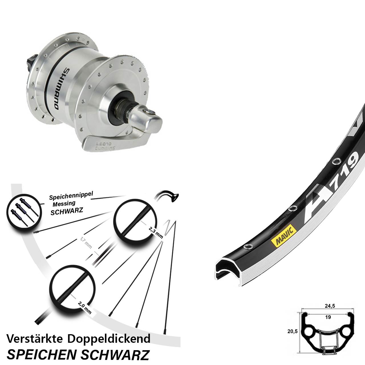 Mavic A 719 Shimano DH3N72 28 Zoll Vorderrad mit Nabendynamo für Schnellspanner