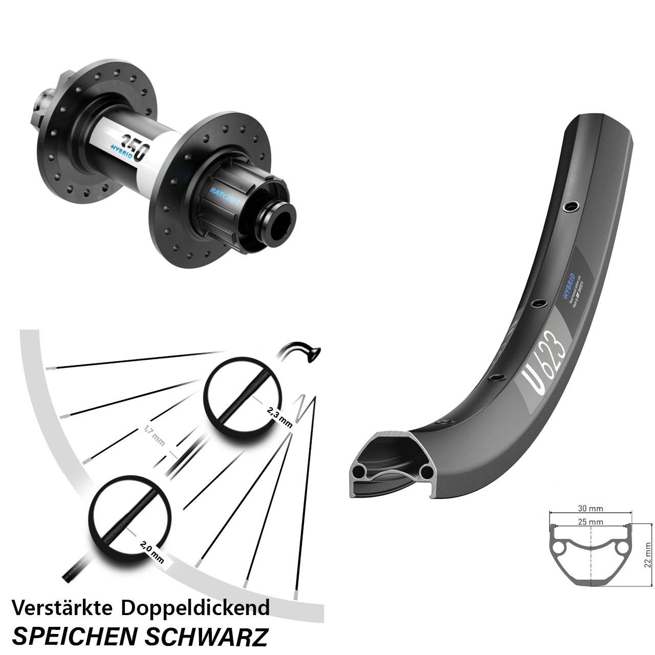 Hinterrad 29 Zoll DT Swiss U623-350 Hybrid Singlespeed 12x142 Disc 6-Loch