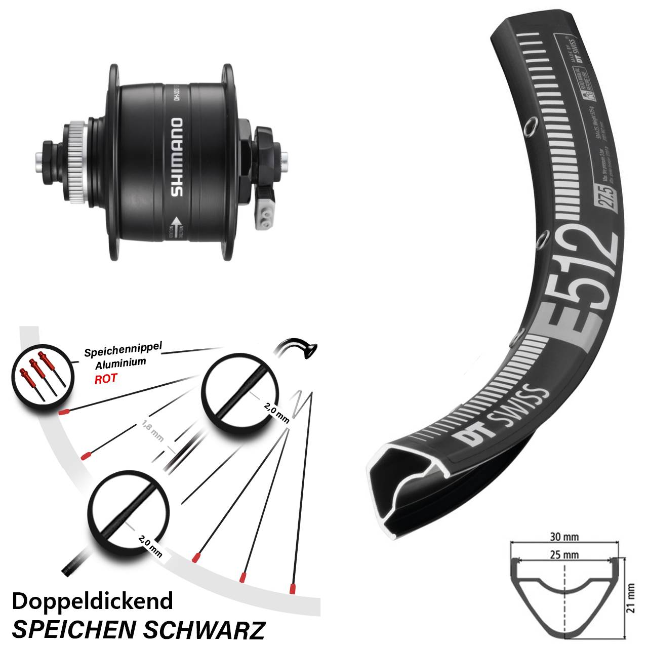 Nabendynamo-Vorderrad 27,5 Zoll DT Swiss E512 Shimano DH-3D37 5x100 Centerlock