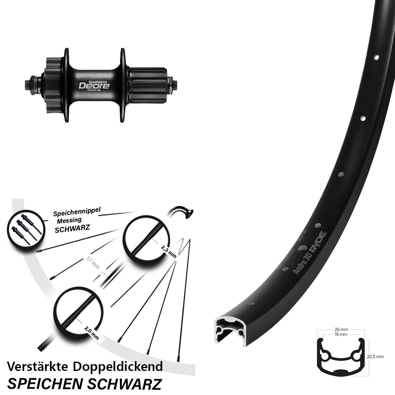 28-29 Zoll Ryde Andra 30 Shimano Deore Disc Hinterrad für Schnellspanner 8-11 fach HG