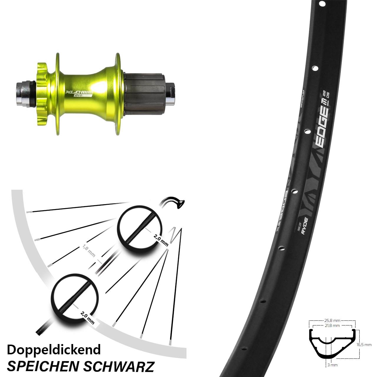 29 Zoll Hinterrad Ryde Edge M22 OS mit XLC Evo Nabe grün Steckachse 8-11 fach