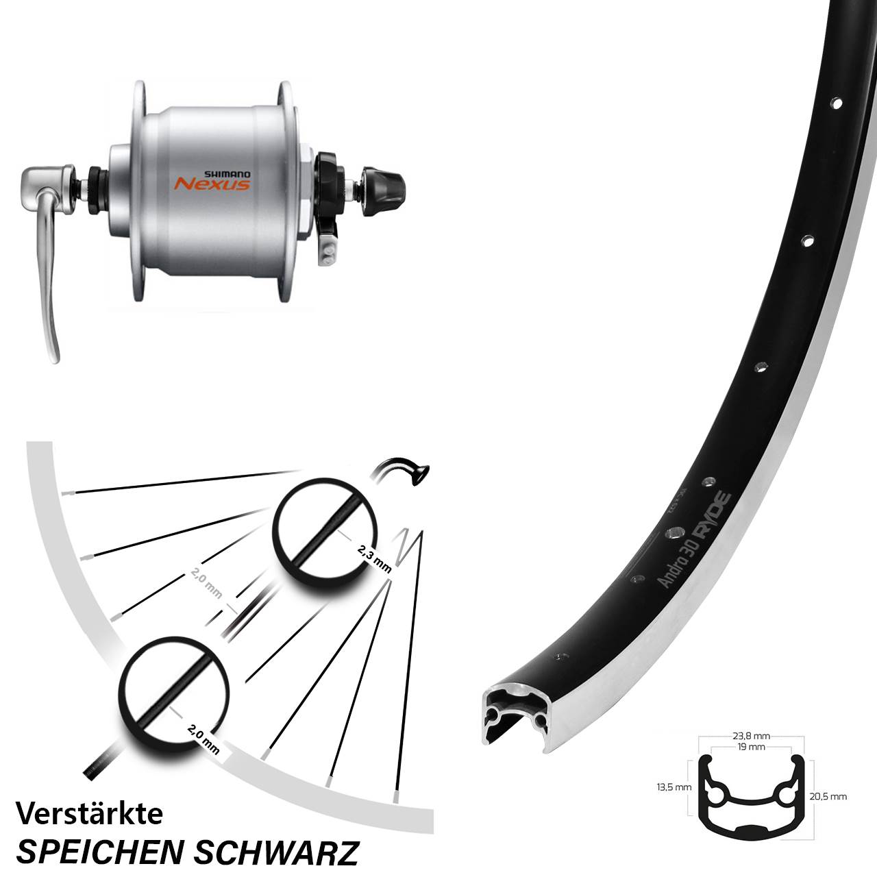 Nabendynamolaufrad 26 Zoll Ryde Andra 30 Shimano DH-C3000 für Schnellspanner