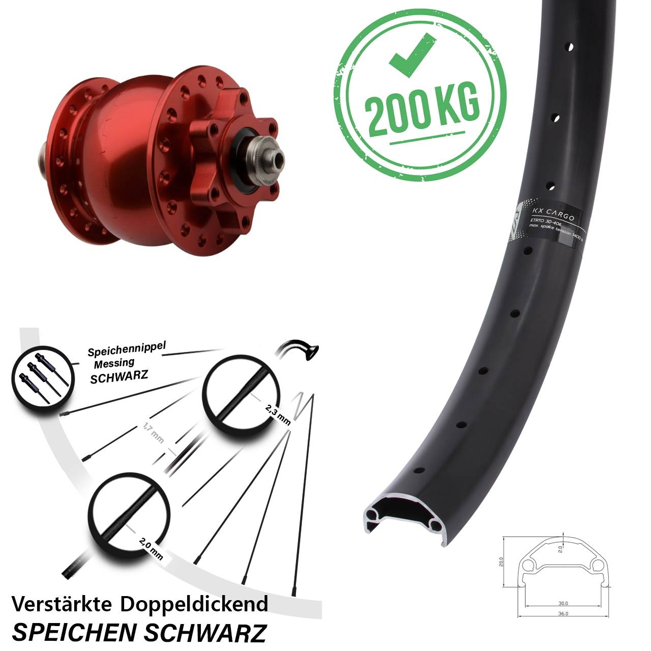 SON 28 rot KX Cargo 26 Zoll Disc Laufrad mit Nabendynamo für Schnellspanner