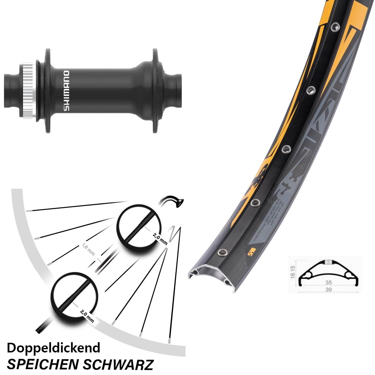 Disc Vorderrad 27,5 Zoll Rodi TRYP 35 Shimano HB-MT410-B 15x110 Boost