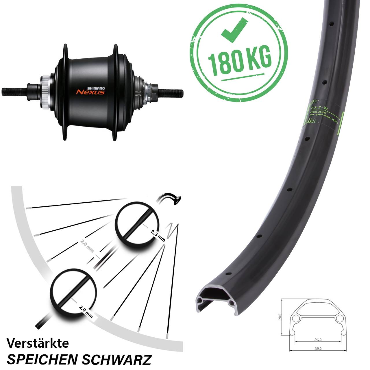 26 Zoll Hinterrad Shimano Nexus 7 Gang KX Evo Centerlock